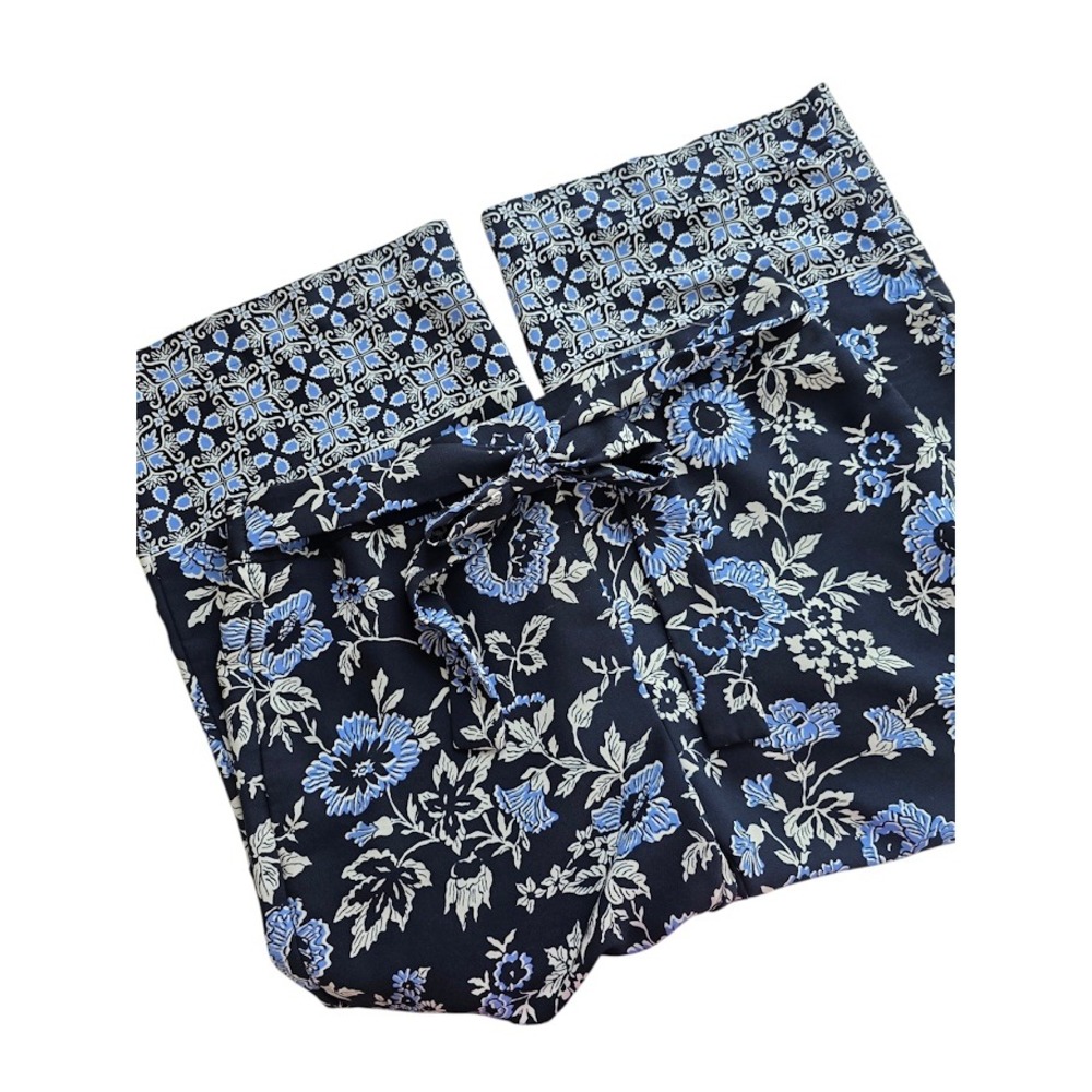 LOFT Outlet Wide Leg Crop Pants Womens Med Navy Blue Floral Tie Waist Culottes